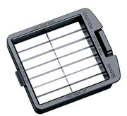 Zwiebel- und Gemüsewürfler aus der Vogelperspektive mit scharfen Klingen und der Aufschrift 'THIS SIDE UP'.