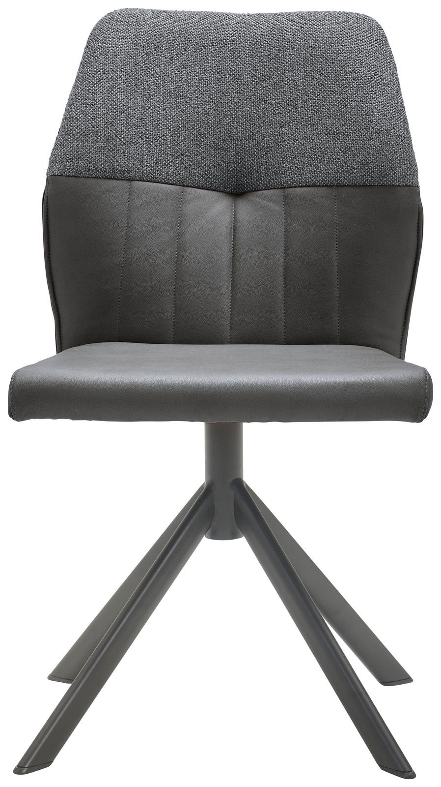 Moderner Stuhl mit grauem Stoffbezug und schwarzem Leder, Vorderansicht