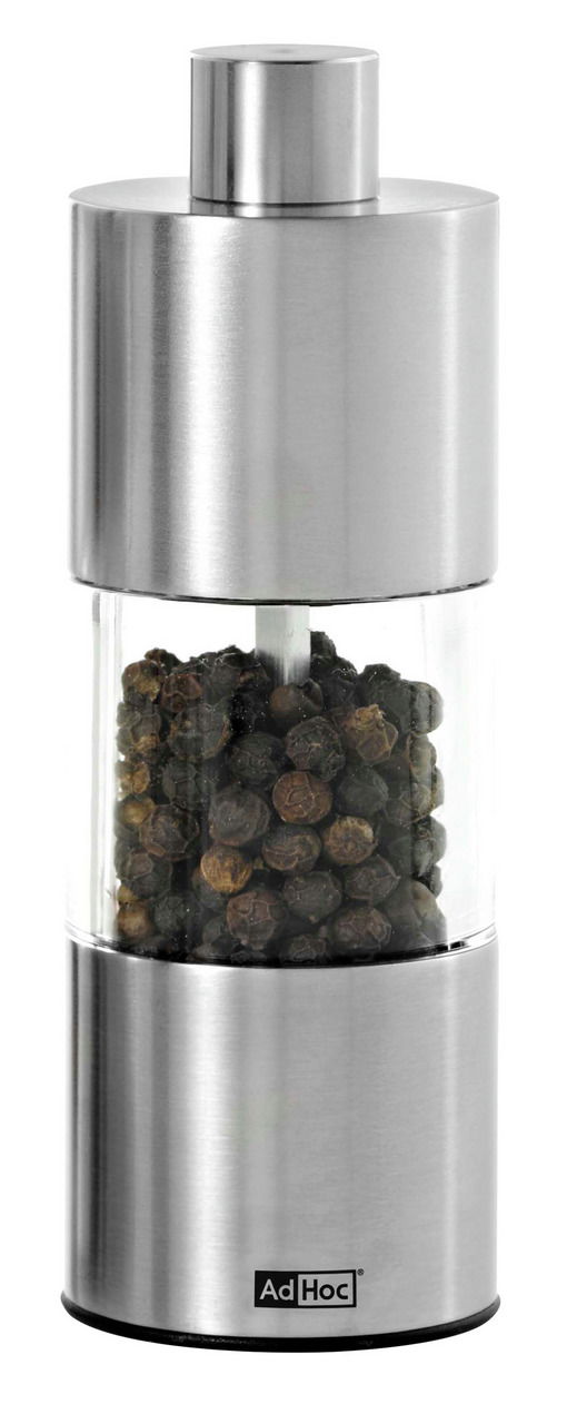 Silberne Pfeffermühle mit transparentem Mittelteil, gefüllt mit Pfefferkörnern, aus der Frontalperspektive.