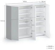 Weißer XL-Schuhschrank mit offenen Türen, zeigt mehrere Regalböden zur Aufbewahrung von Schuhen. Perspektive von vorne rechts.