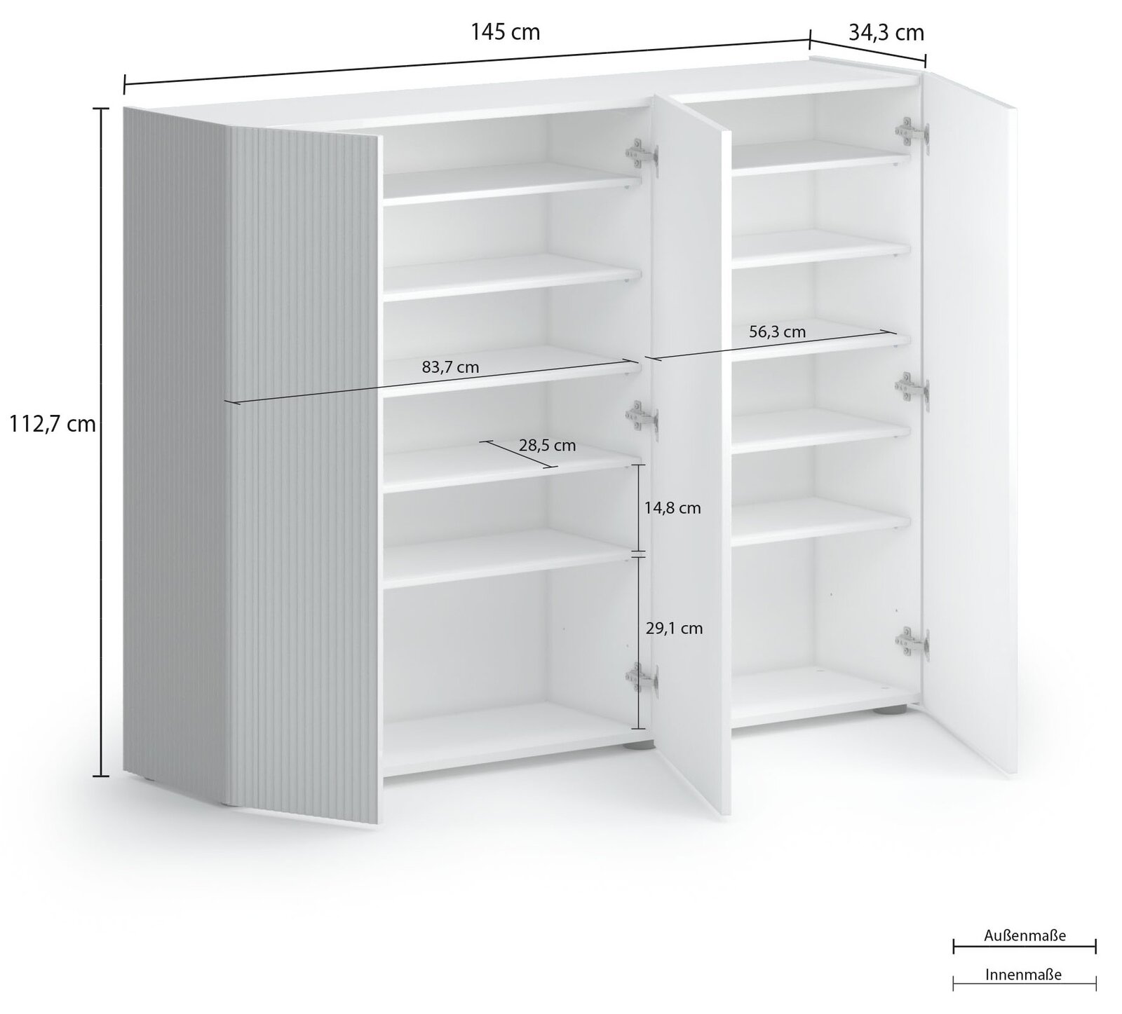 Weißer XL-Schuhschrank mit offenen Türen, zeigt mehrere Regalböden zur Aufbewahrung von Schuhen. Perspektive von vorne rechts.