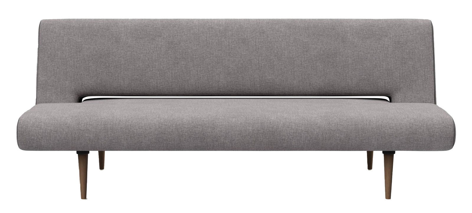 Graues Funktionssofa UNFURL mit Holzbeinen, Frontalansicht