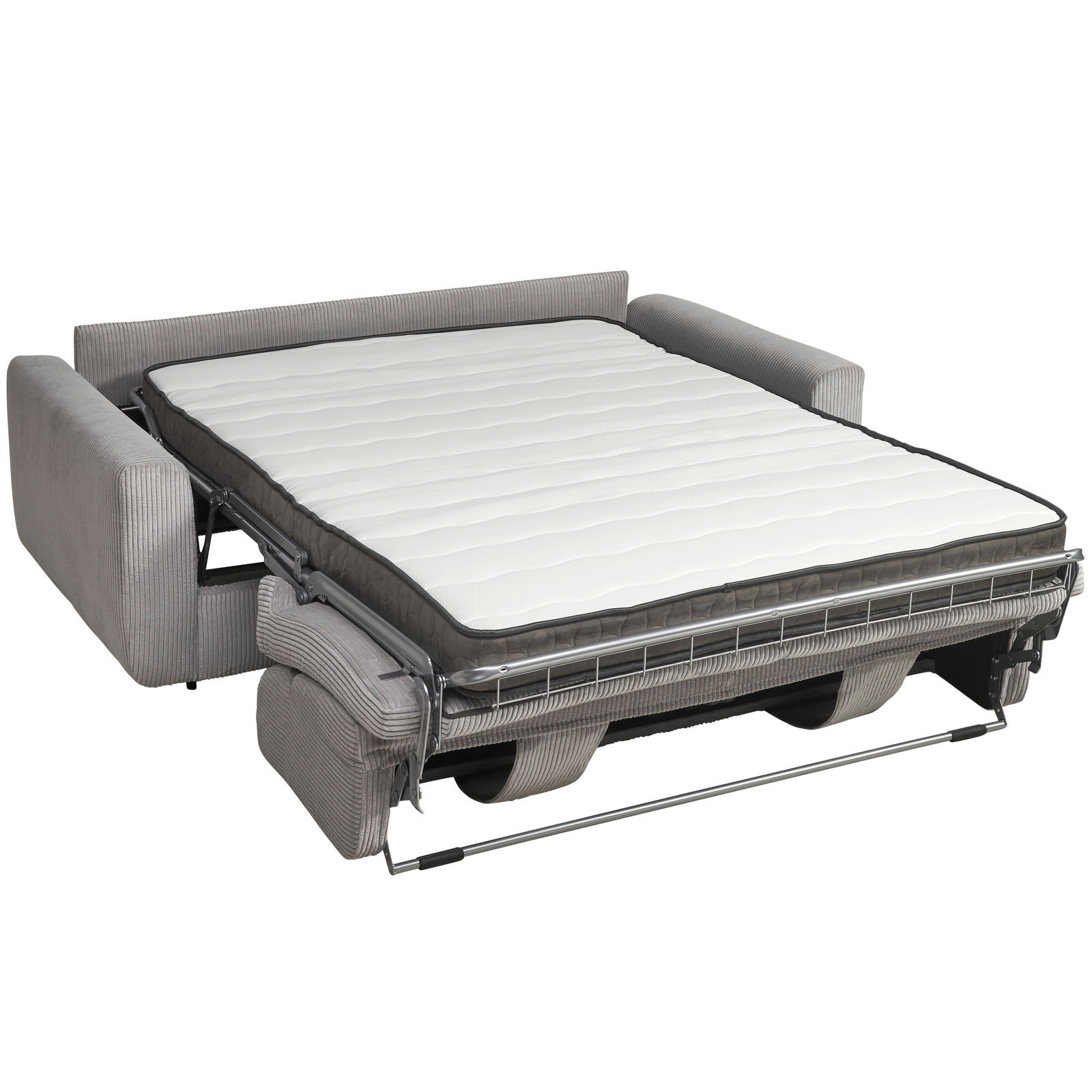 Graues Funktionssofa in ausgeklappter Position, von vorne betrachtet, mit sichtbarer Matratze.