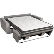 Graues Funktionssofa in ausgeklappter Position, von vorne betrachtet, mit sichtbarer Matratze.