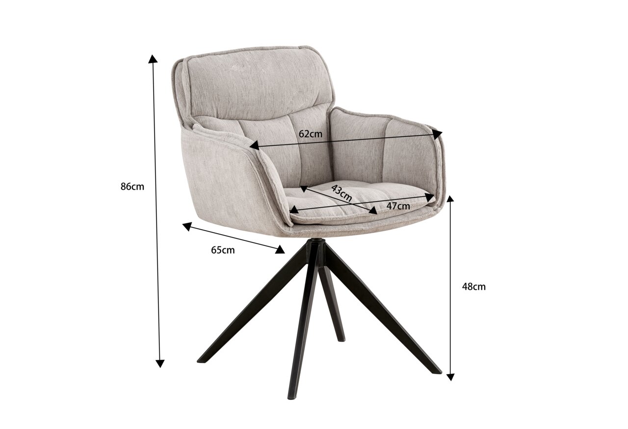 Grijze fauteuil met gestoffeerde zitting en rugleuning, op een zwart metalen onderstel, zijaanzicht.