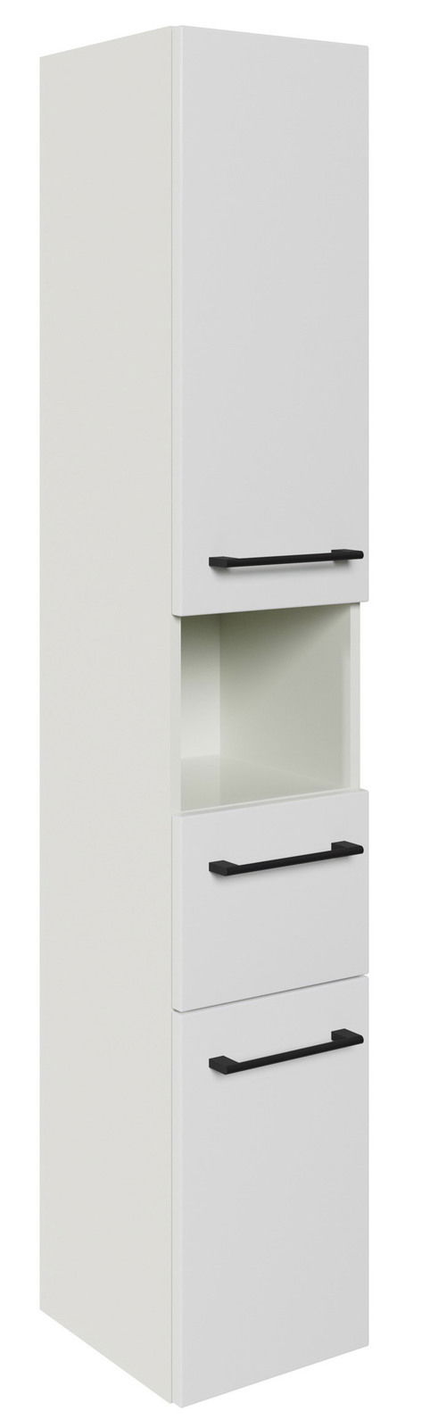 Weißer Hochschrank mit drei schwarzen Griffen, zwei Türen und einem offenen Fach, seitliche Perspektive