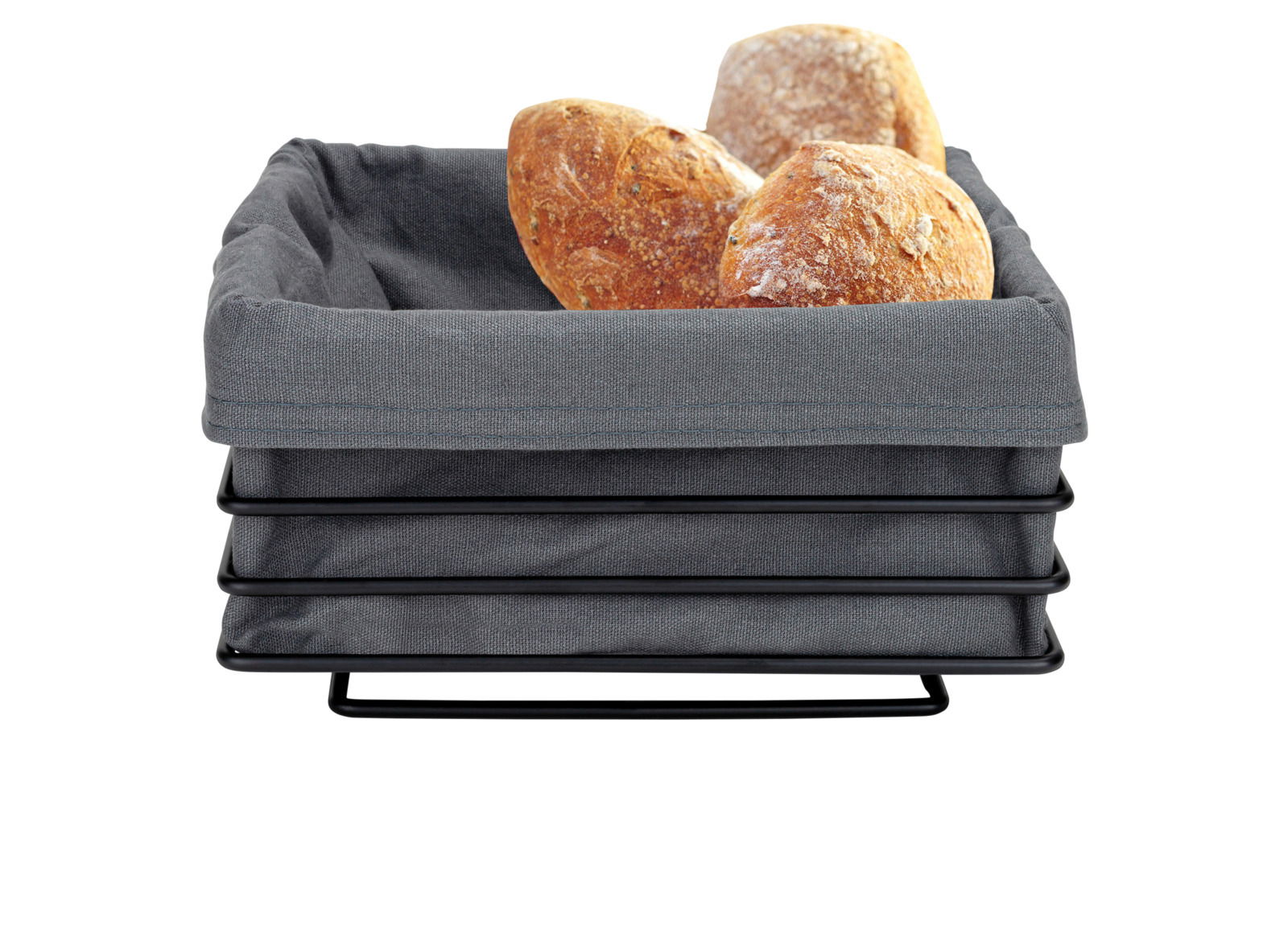 Eckiger Brotkorb in Anthrazit mit grauem Stoffeinsatz, gefüllt mit frischen Brötchen, aus frontaler Perspektive