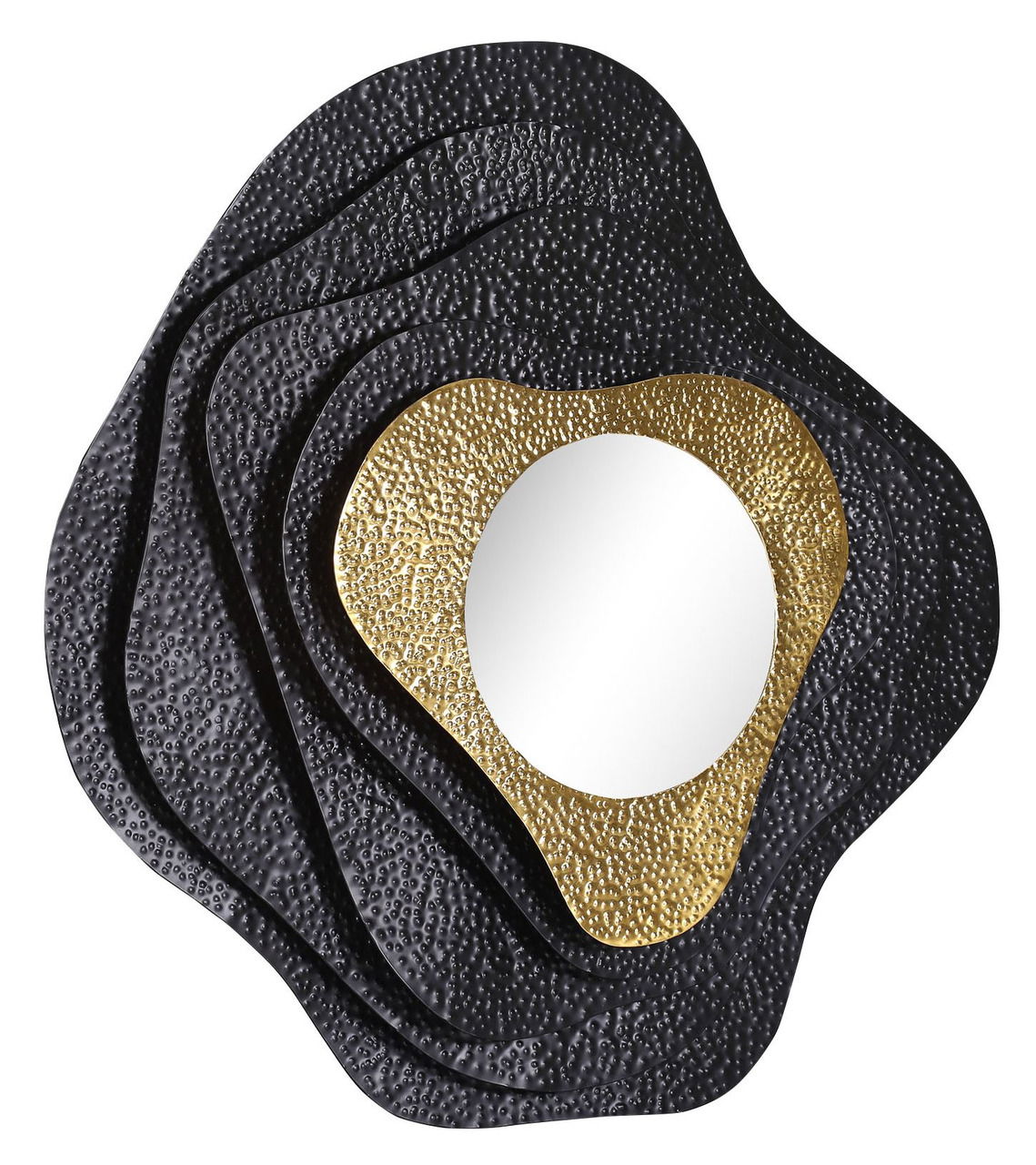 Moderner Wandspiegel mit schwarzem und goldenem, strukturiertem Rahmen in organischer Form, Frontalansicht