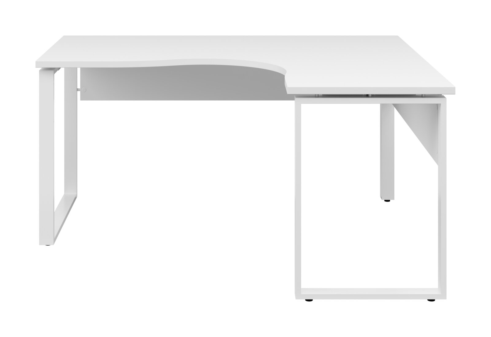 Weißer Eckschreibtisch mit modernem Design, frontal betrachtet.