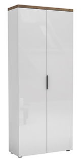 Hoher Aktenschrank mit zwei Türen, weiß mit Holzoberfläche, Frontalansicht