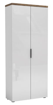 Hoher Aktenschrank mit zwei Türen, weiß mit Holzoberfläche, Frontalansicht