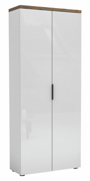 Hoher Aktenschrank mit zwei Türen, weiß mit Holzoberfläche, Frontalansicht