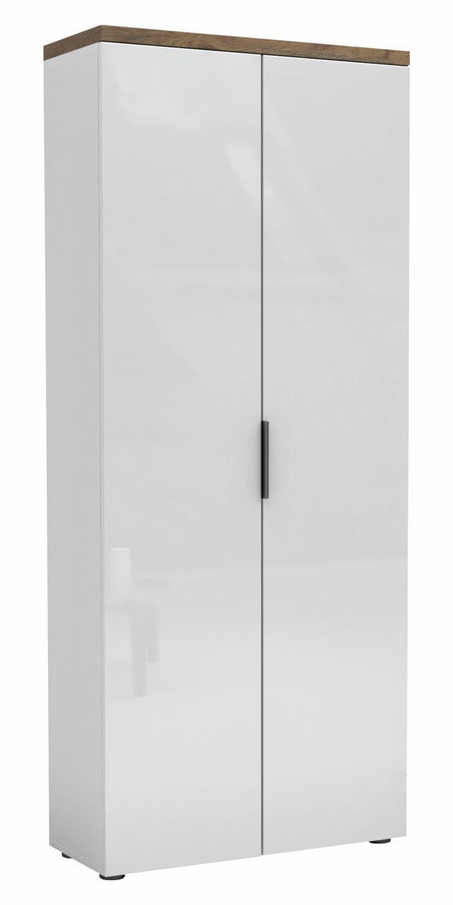 Hoher Aktenschrank mit zwei Türen, weiß mit Holzoberfläche, Frontalansicht