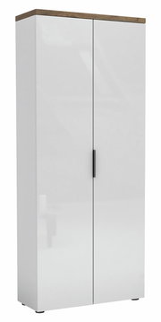 Hoher Aktenschrank mit zwei Türen, weiß mit Holzoberfläche, Frontalansicht