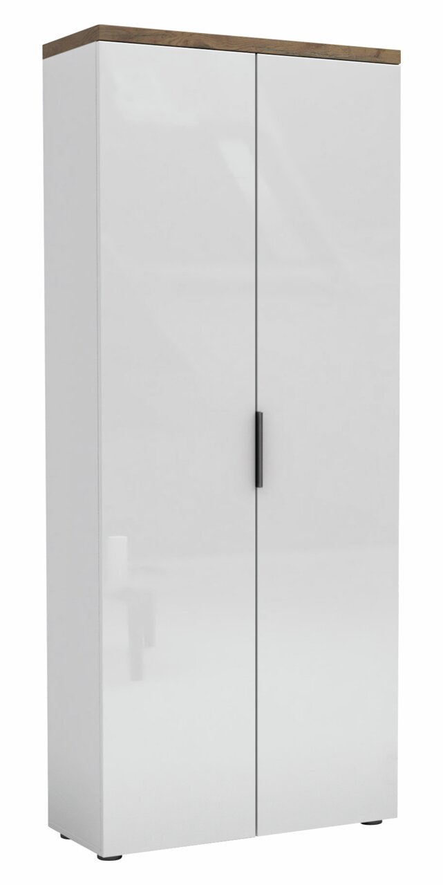 Hoher Aktenschrank mit zwei Türen, weiß mit Holzoberfläche, Frontalansicht