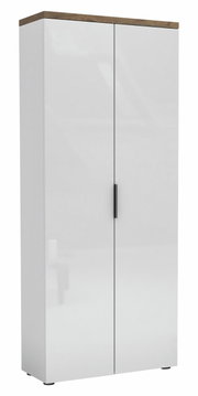 Hoher Aktenschrank mit zwei Türen, weiß mit Holzoberfläche, Frontalansicht