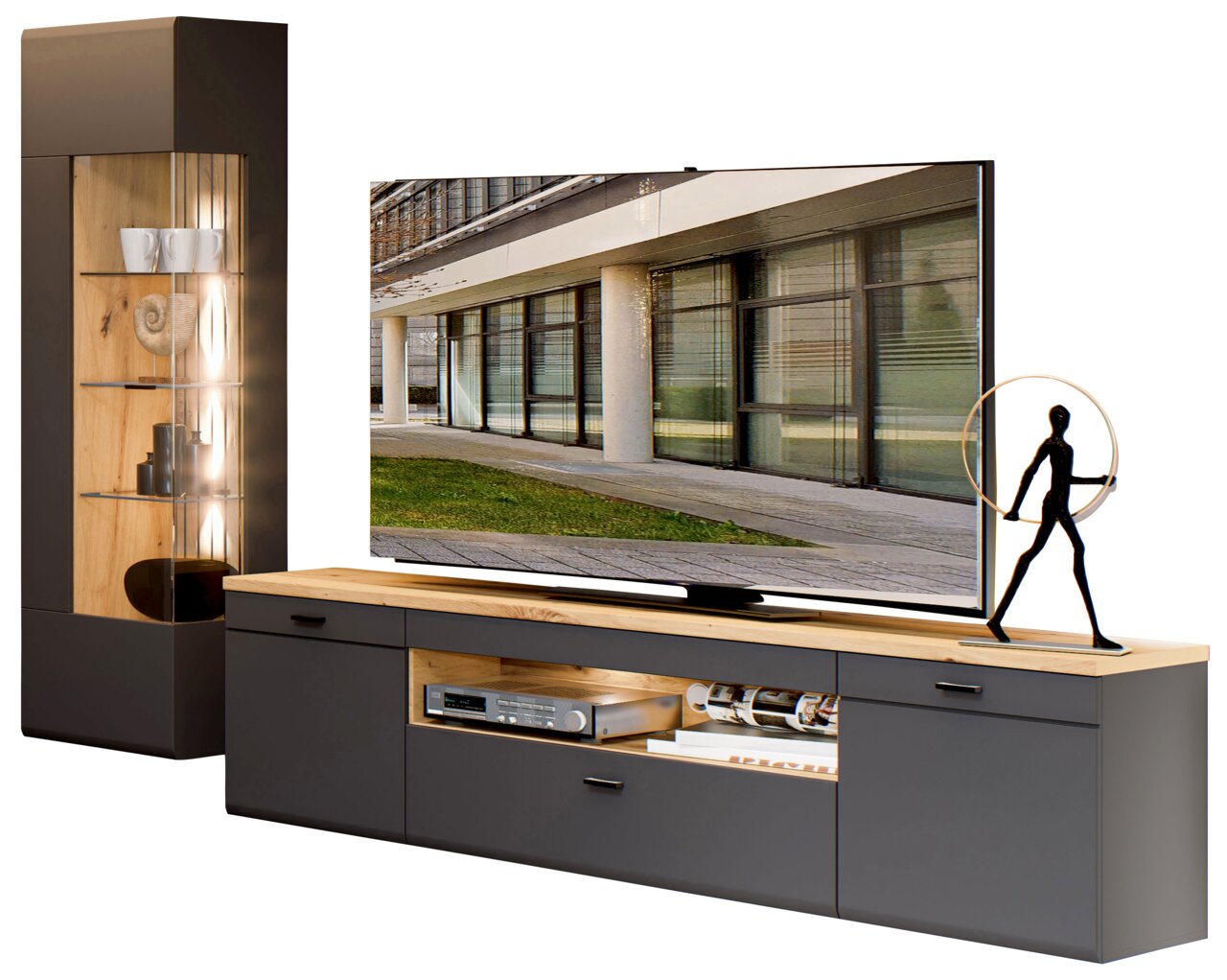 Stylife Hänge-TV-Wohnwand RENO Moderne Hänge-TV-Wohnwand in dunklem Holz und Glas mit dekorativen Elementen, seitliche Perspektive