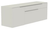 Weißes Hänge-Lowboard mit zwei Schubladen und einer Tür, seitliche Perspektive