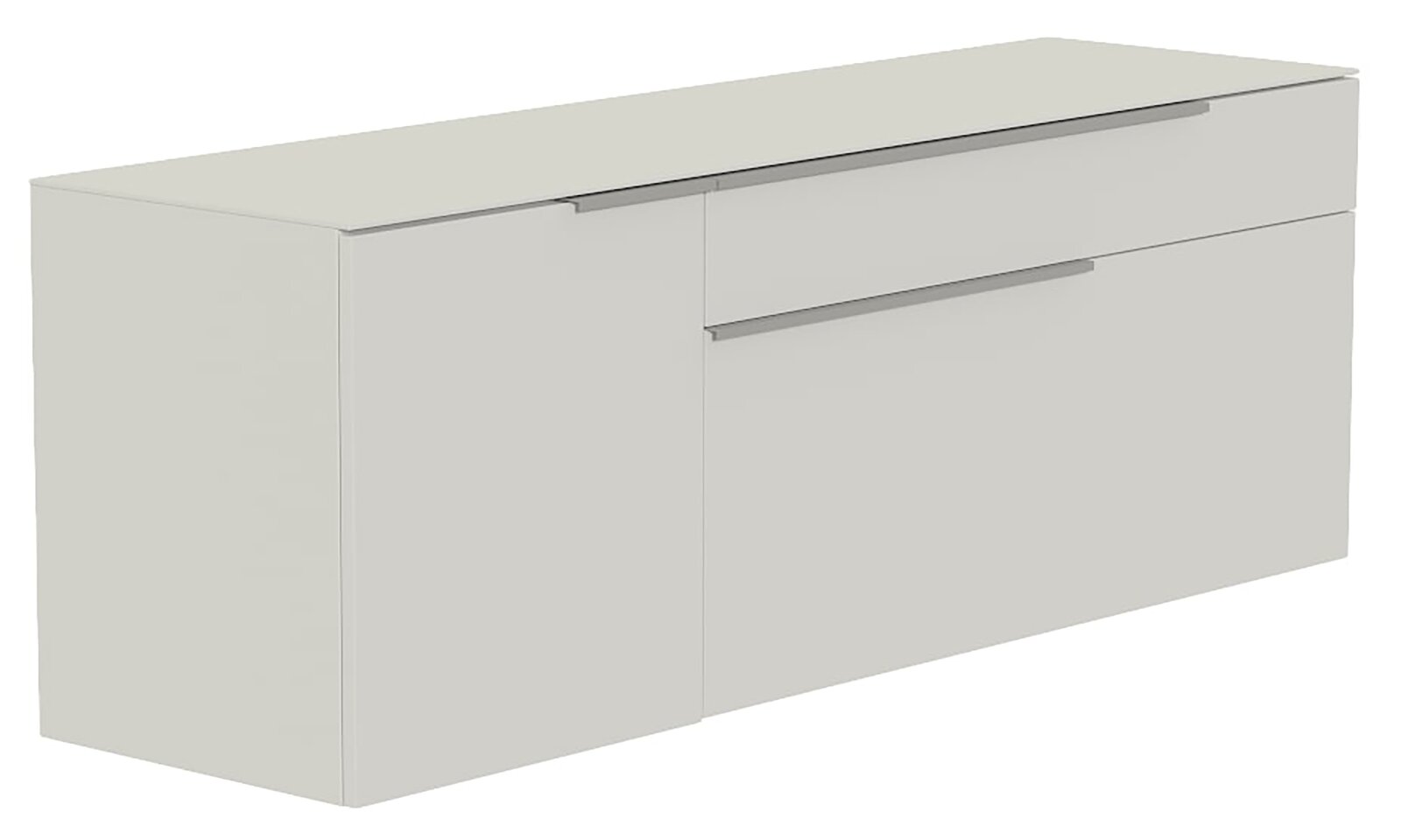 Weißes Hänge-Lowboard mit zwei Schubladen und einer Tür, seitliche Perspektive
