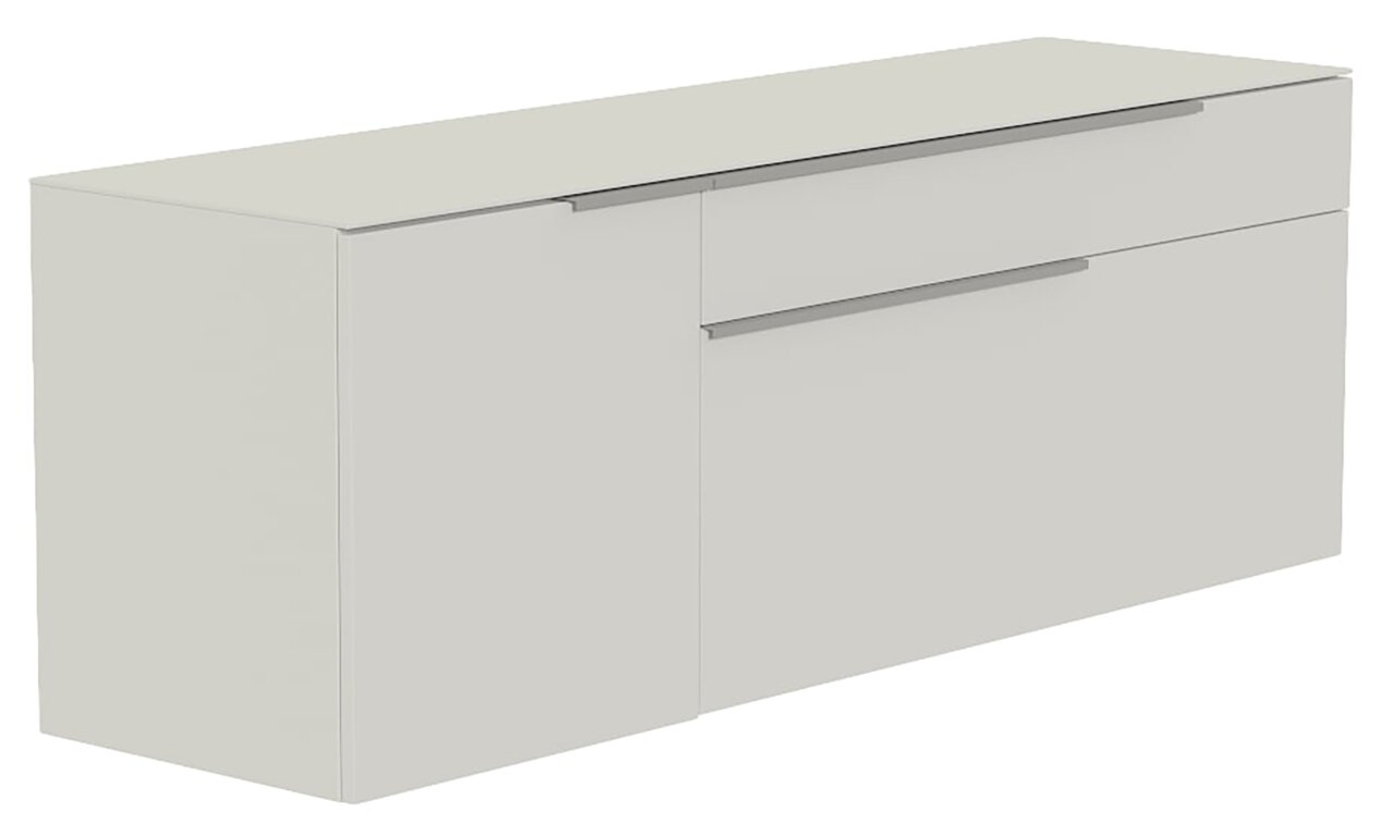 Moderano Hänge-Lowboard BORMIO Weißes Hänge-Lowboard mit zwei Schubladen und einer Tür, seitliche Perspektive