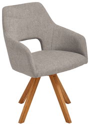 Grauer Sessel mit Holzbeinen, seitliche Perspektive