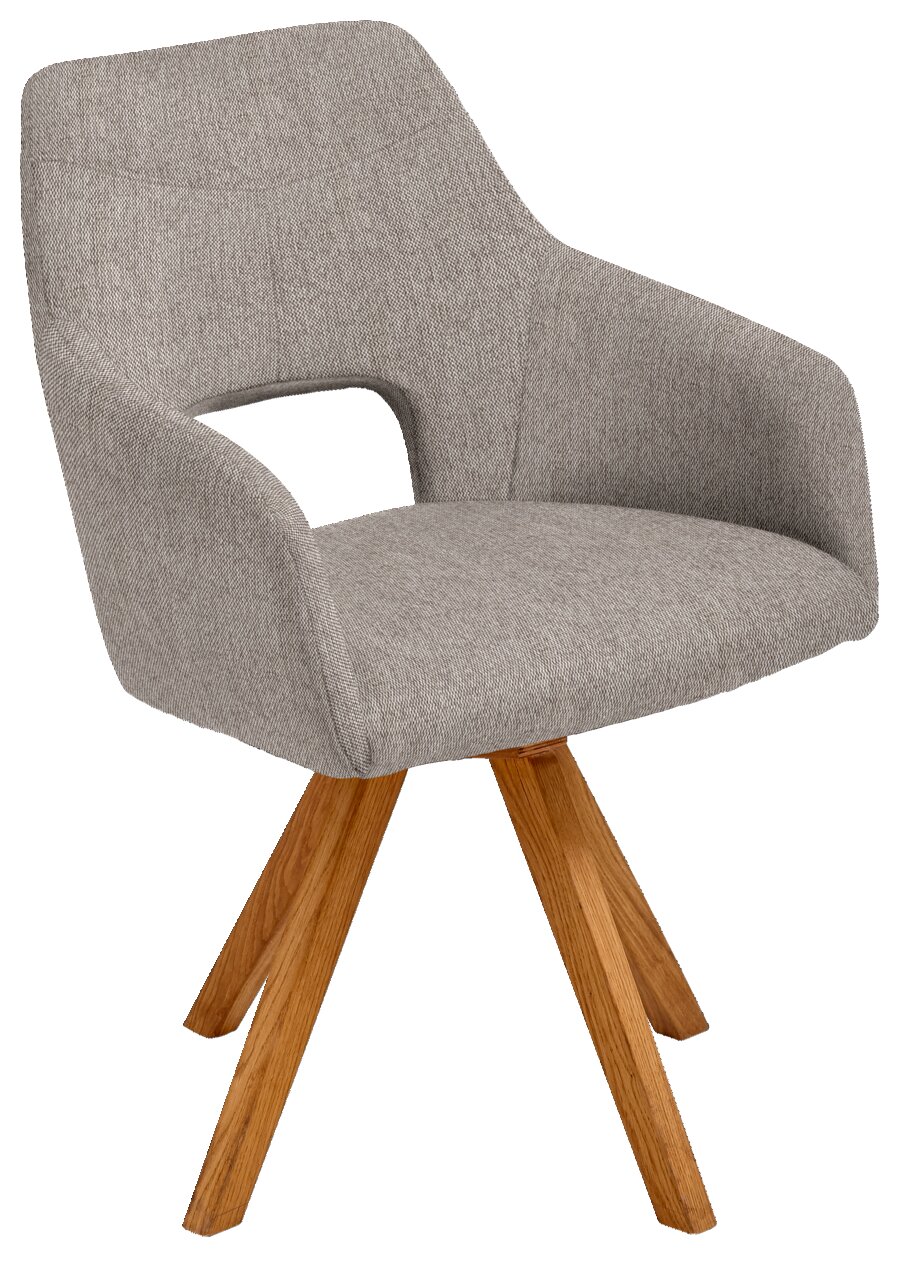 Grauer Sessel mit Holzbeinen, seitliche Perspektive