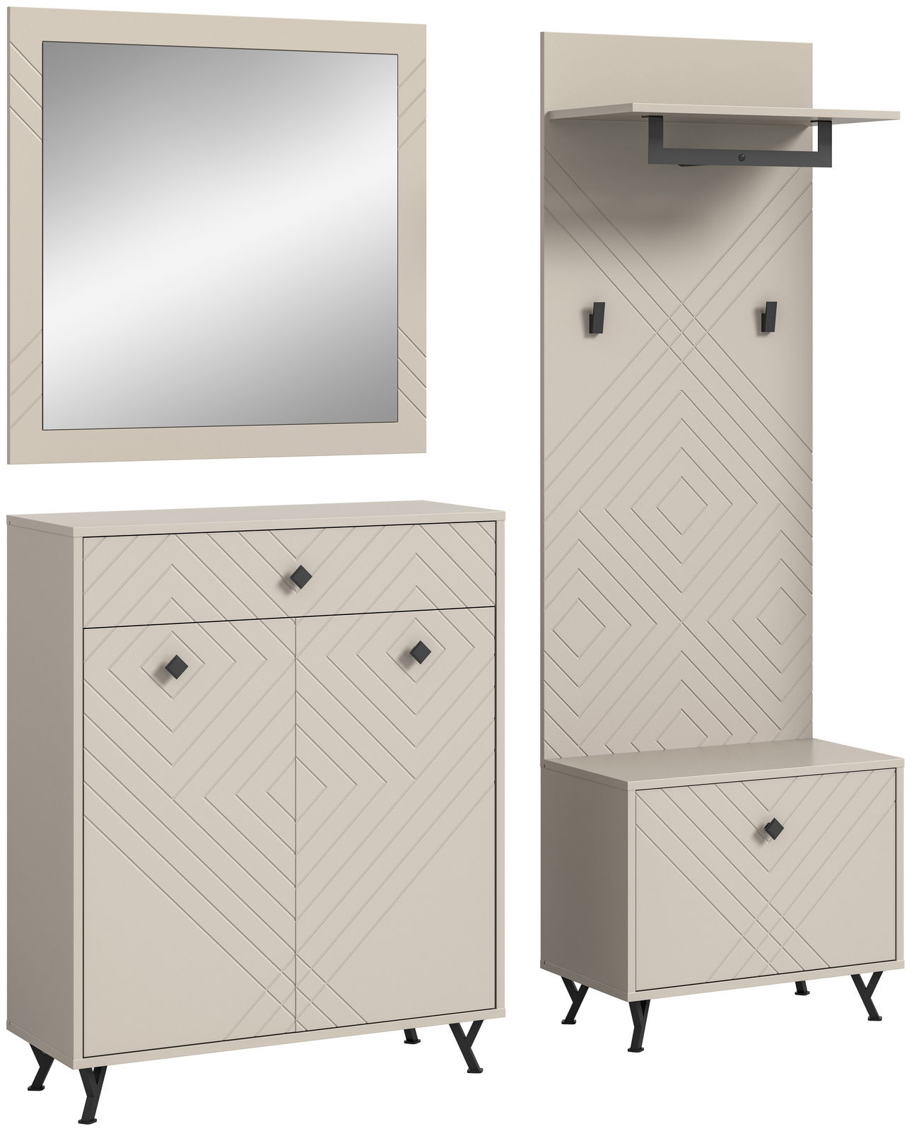 MID.YOU Garderobenkombination NOTES Garderobenkombination in modernem Design mit geometrischen Mustern, bestehend aus einem Spiegel, einem Schrank und einer Wandgarderobe, frontal abgebildet.