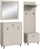 Garderobenkombination in modernem Design mit geometrischen Mustern, bestehend aus einem Spiegel, einem Schrank und einer Wandgarderobe, frontal abgebildet.
