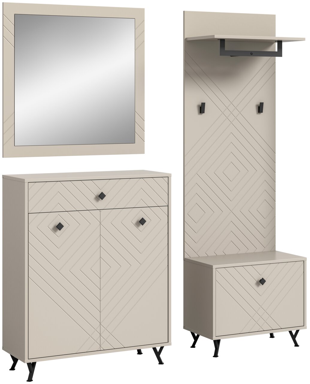 Garderobenkombination in modernem Design mit geometrischen Mustern, bestehend aus einem Spiegel, einem Schrank und einer Wandgarderobe, frontal abgebildet.