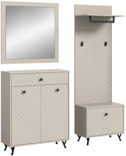 Garderobenkombination in modernem Design mit geometrischen Mustern, bestehend aus einem Spiegel, einem Schrank und einer Wandgarderobe, frontal abgebildet.