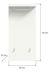 Weiße Garderobenwand mit zwei Haken und einer Kleiderstange, frontal abgebildet. Maße: 114 cm hoch, 55 cm breit, 27 cm tief.