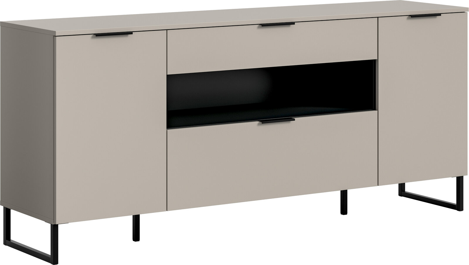 Modernes Sideboard in Beige mit schwarzem offenen Fach, vier Türen und schwarzen Metallfüßen, schräg von vorne links (3/4-Ansicht) freigestellt auf weißem Hintergrund