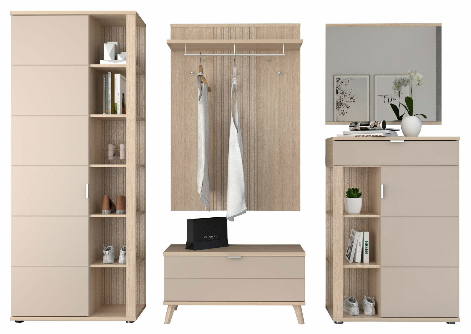 Frontale Ansicht eines 5-teiligen Garderoben-Sets von Voleo in Holzoptik mit Schrank, Spiegel, Schuhbank und Hakenleiste.