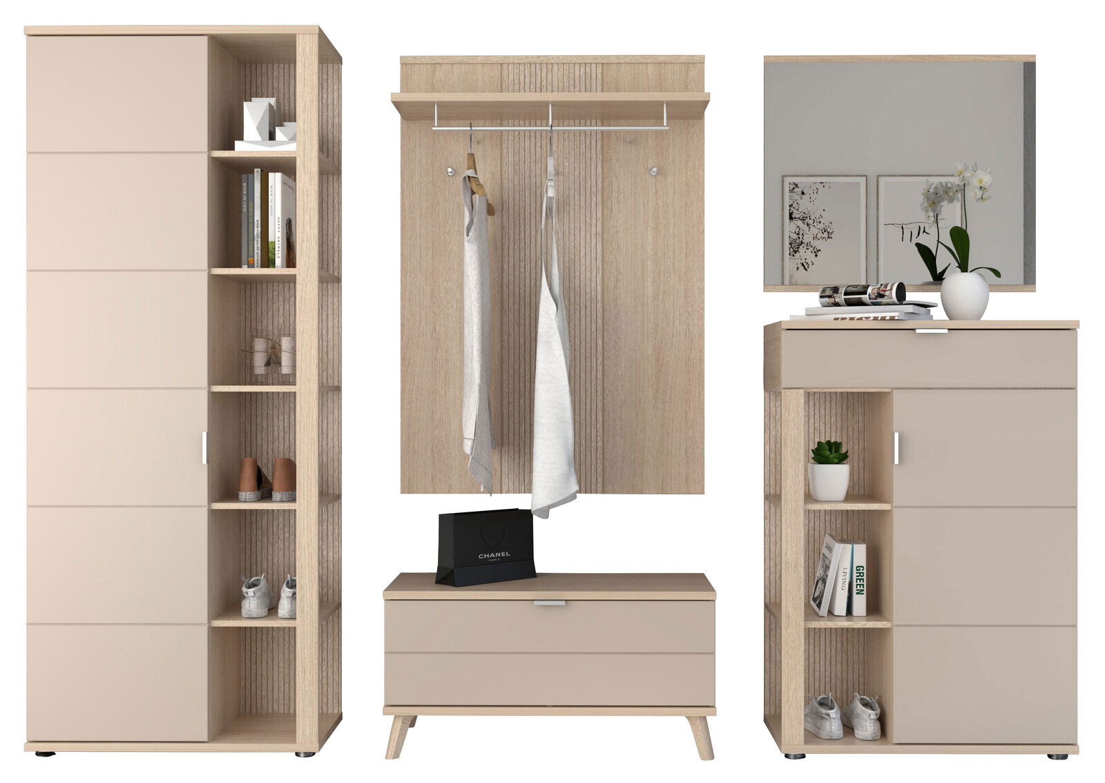 Frontale Ansicht eines 5-teiligen Garderoben-Sets von Voleo in Holzoptik mit Schrank, Spiegel, Schuhbank und Hakenleiste.