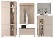 Frontale Ansicht eines 5-teiligen Garderoben-Sets von Voleo in Holzoptik mit Schrank, Spiegel, Schuhbank und Hakenleiste.