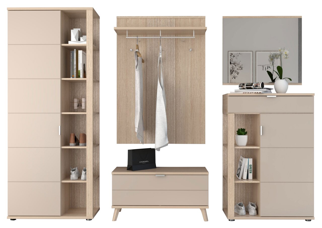 Frontale Ansicht eines 5-teiligen Garderoben-Sets von Voleo in Holzoptik mit Schrank, Spiegel, Schuhbank und Hakenleiste.