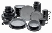 Kombiservice 30-teilig Frost in Schwarz und Grau, bestehend aus Tellern, Schalen und Tassen, aus der Vorderansicht.