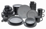 Kombiservice 30-teilig Frost in Schwarz und Grau, bestehend aus Tellern, Schalen und Tassen, aus der Vorderansicht.