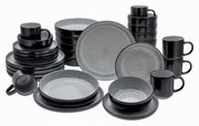 Kombiservice 30-teilig Frost in Schwarz und Grau, bestehend aus Tellern, Schalen und Tassen, aus der Vorderansicht.