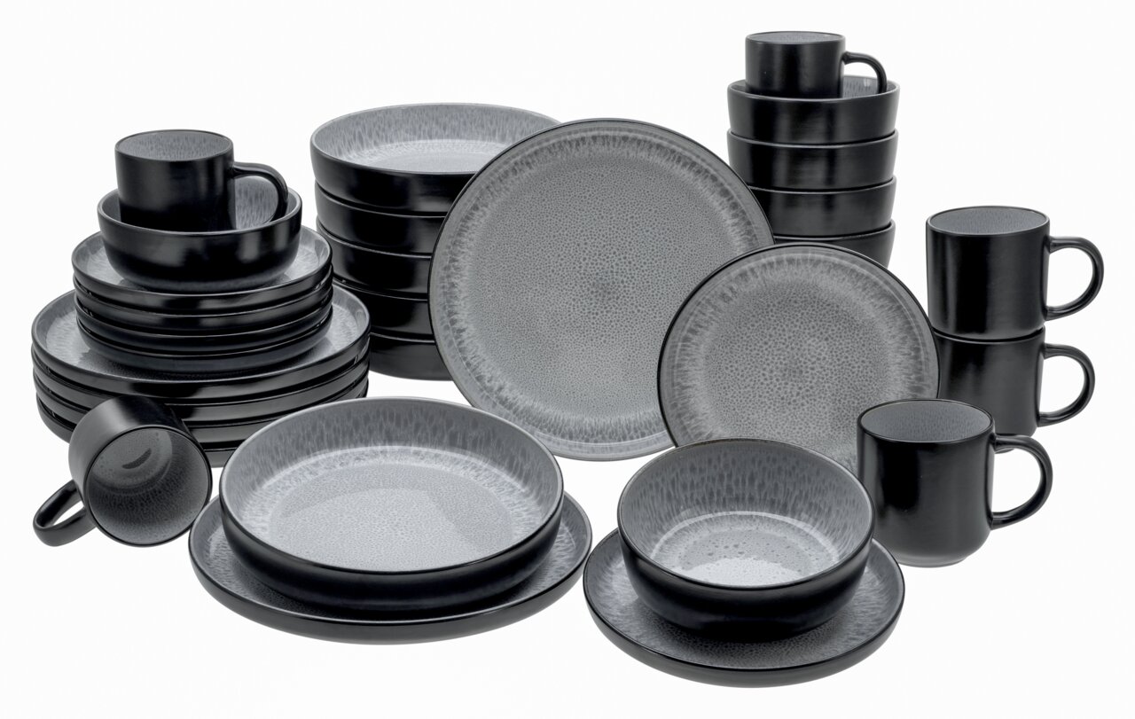 Kombiservice 30-teilig Frost in Schwarz und Grau, bestehend aus Tellern, Schalen und Tassen, aus der Vorderansicht.