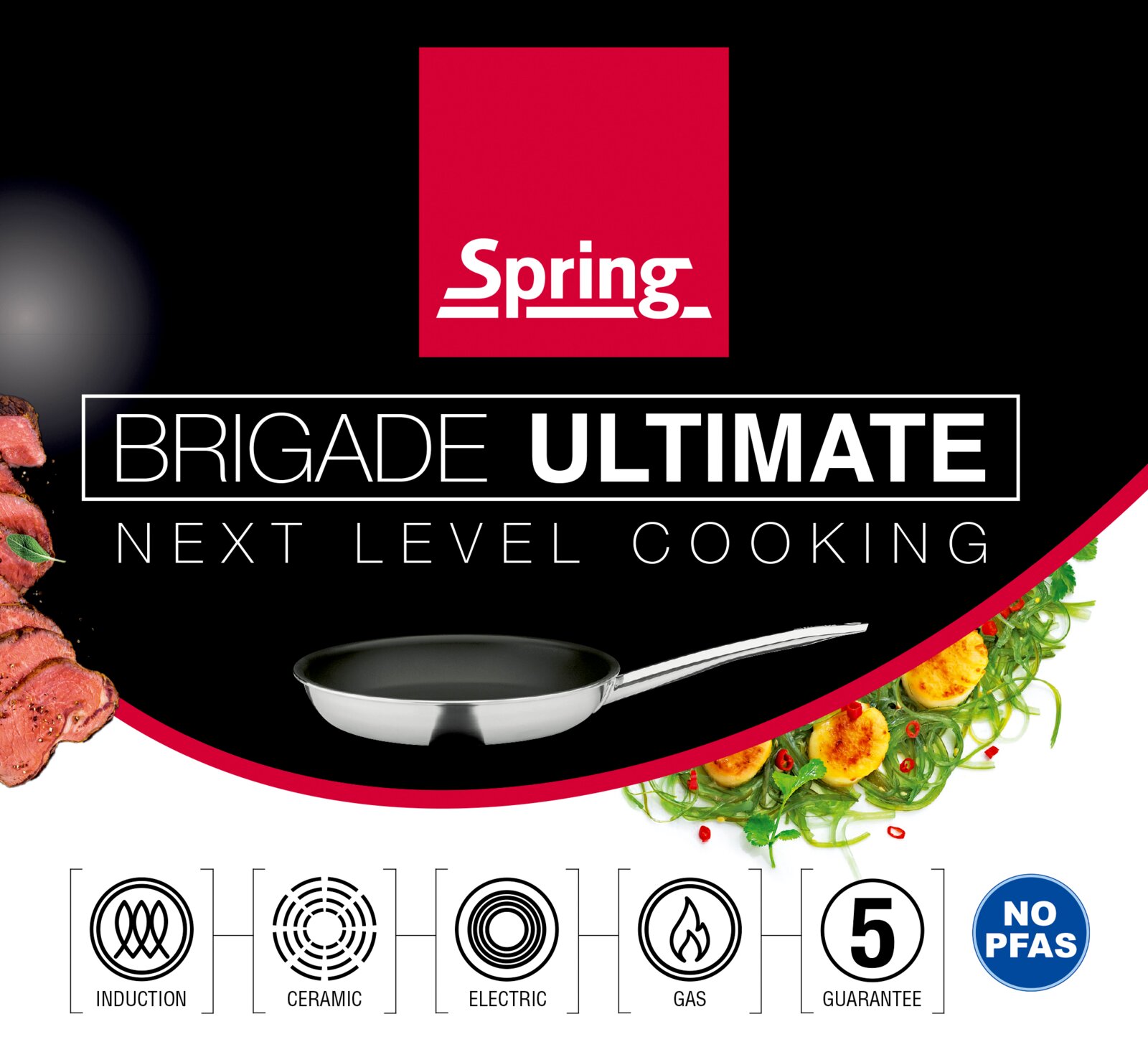 Spring Brigade Ultimate koekenpan op productverpakking, frontale aanzicht, geschikt voor inductie/keramisch/elektrisch/gas, 5 jaar garantie en PFAS-vrij