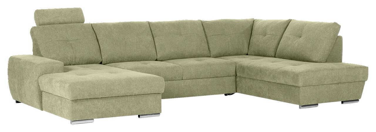 Grünes Ecksofa mit Ottomane links, moderne Polsterung, Vorderansicht