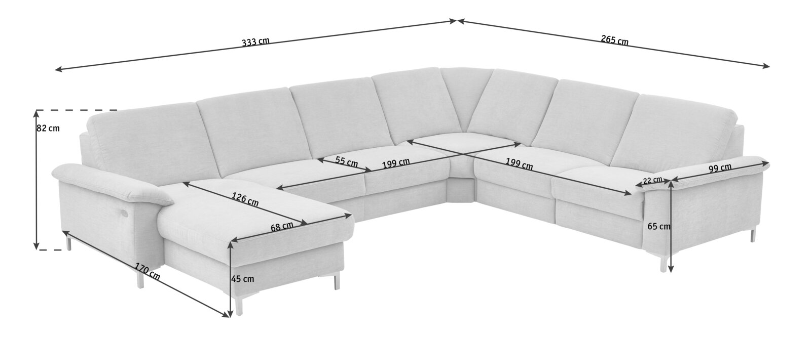 Polsterrundecke in L-Form mit detaillierten Abmessungen, seitliche Perspektive