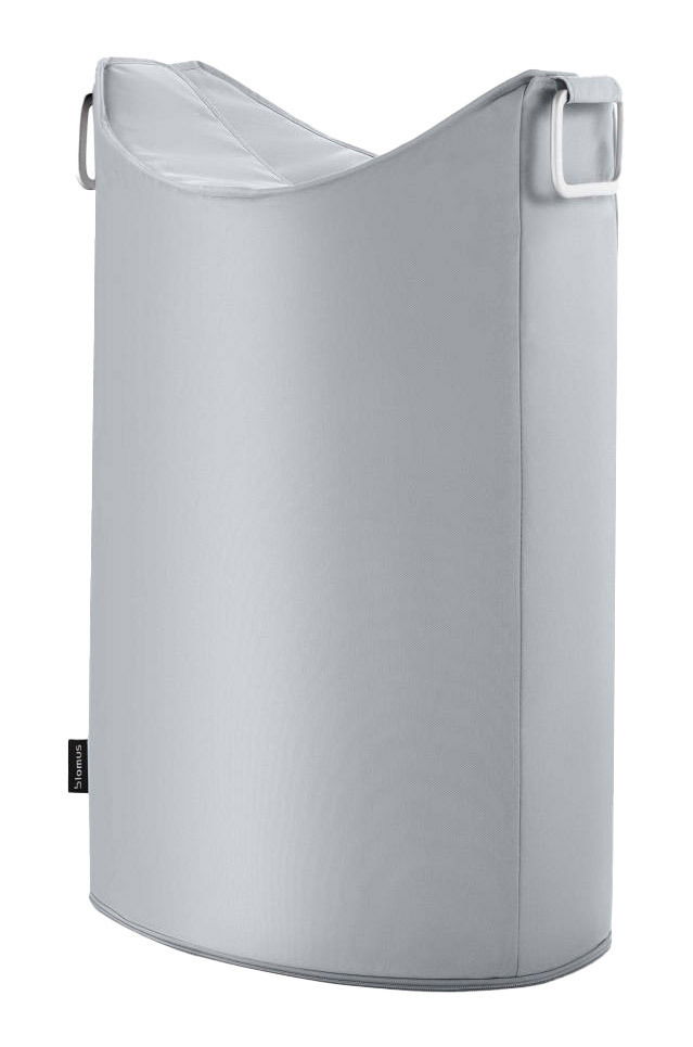 Silberfarbener Wäschesammler FRISCO in seitlicher Perspektive mit Tragegriffen.
