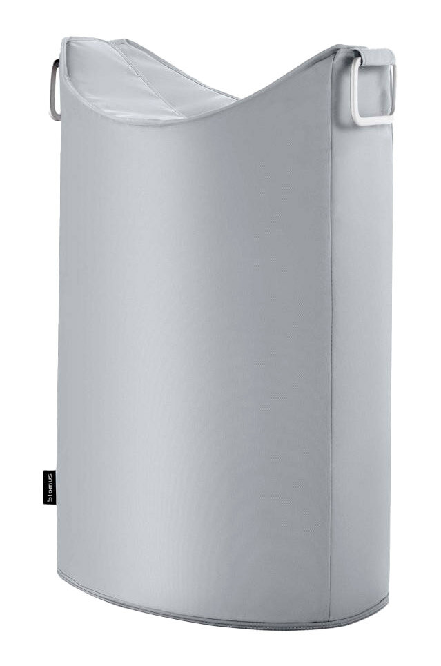 Silberfarbener Wäschesammler FRISCO in seitlicher Perspektive mit Tragegriffen.