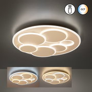 Moderne runde LED-Deckenleuchte mit überlappenden Kreis-Elementen und CCT-Farbtemperaturwechsel, leuchtend in Warmweiß, Ansicht von unten an der Decke