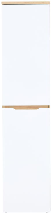 Schmaler Aktenschrank in Weiß mit Holzdetails, Frontalansicht