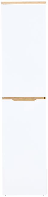Schmaler Aktenschrank in Weiß mit Holzdetails, Frontalansicht