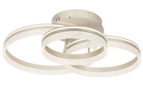 Moderne LED-Deckenleuchte mit drei ineinander verschlungenen Ringen, seitliche Perspektive