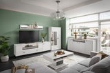 Modernes weißes Sideboard in einem stilvoll eingerichteten Wohnzimmer, seitliche Perspektive.